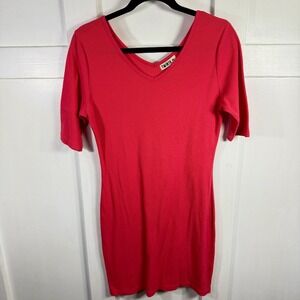 TWINTH Women's Ribbed V-Neck Short Sleeve Bodycon Dress Coral Size L